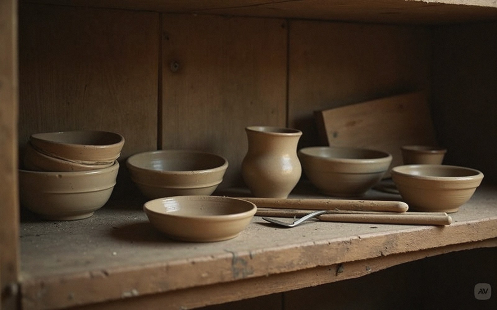 Stoneware bowls, a small jug and wooden utensils arranged on a wooden shelf